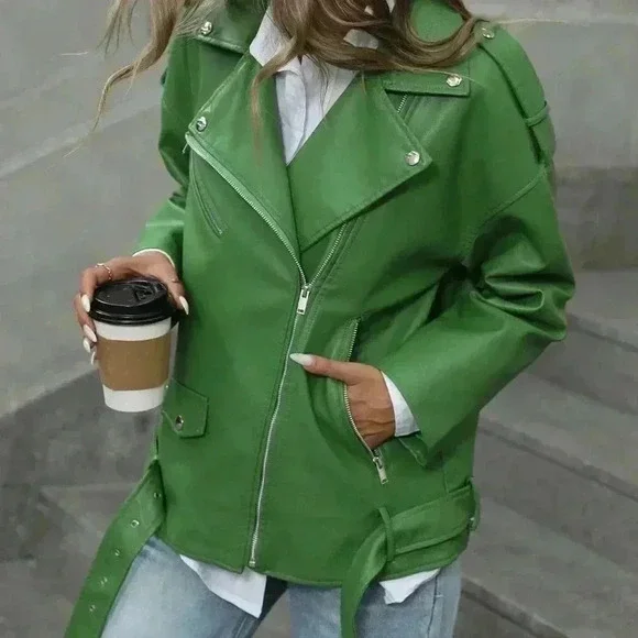 Green Casual Women's Stylish Woven Fabric Biker Jacket - Picture 3 of 7